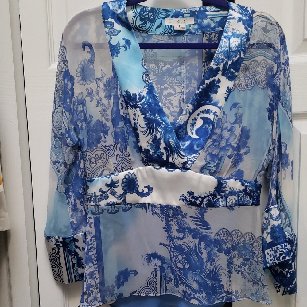 Ice Blue and White Sheer Floral Blouse
